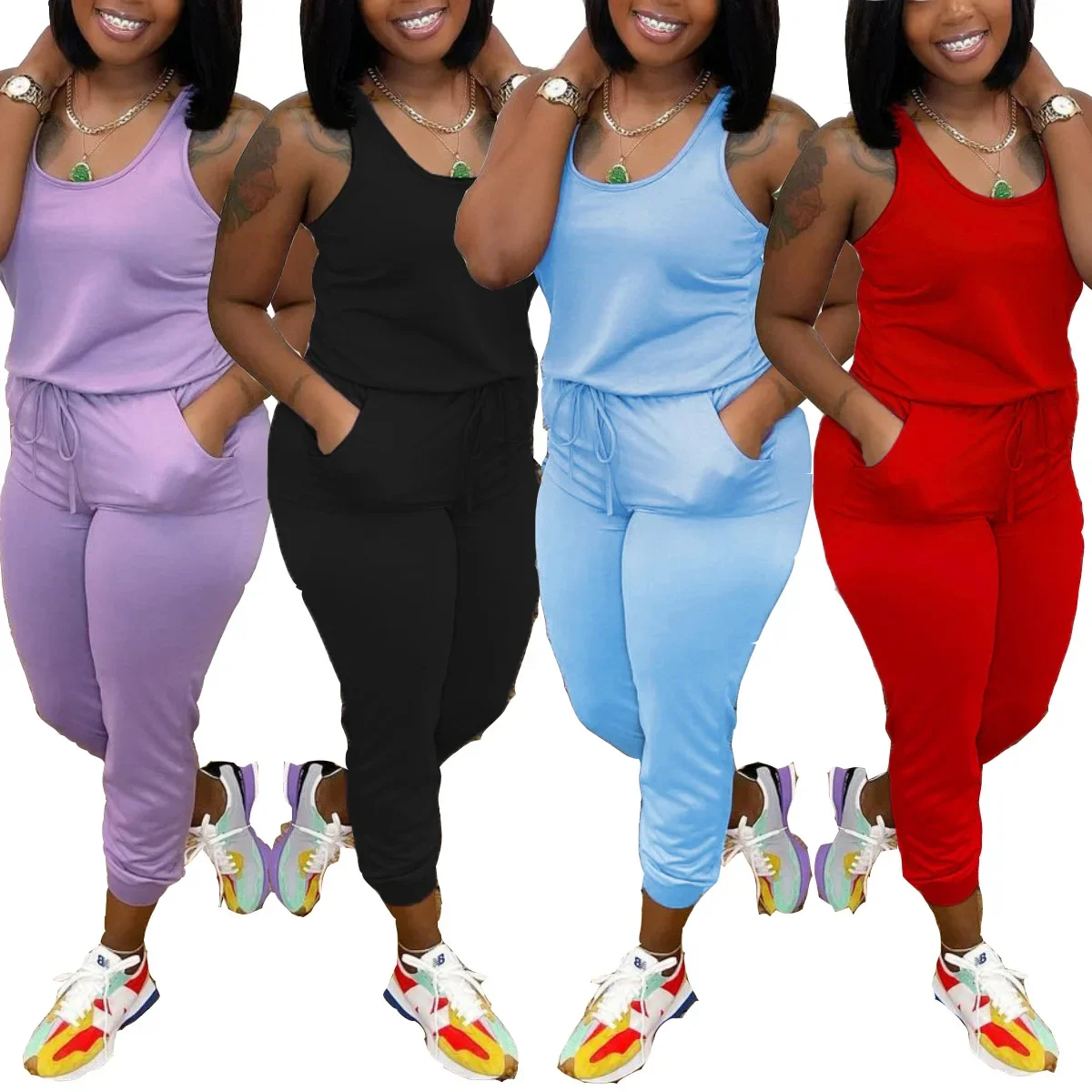 

Women Jumpsuit Sleevesless Slim Fit Solid Color Pencil Pants Romper High Streetwear Casual Sport Jumpsuits 2024 bodysuit