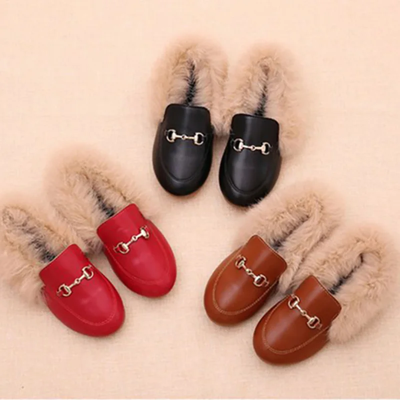 Crianças Sapatos Meninas Sapatos Inverno Quente Meninas De Pele Loafers PU Meninas De Couro Vestido Sapatos Princesa Sapatos Flats Meninas Crianças