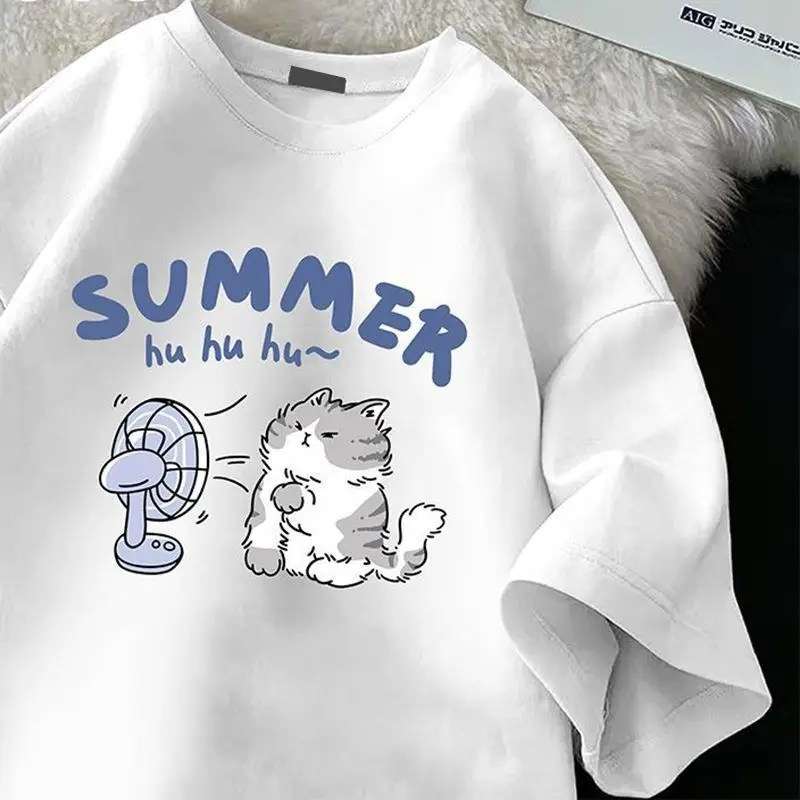 

Pure Cotton New Cartoon Cat Print T-shirt Women Round Neck Clothes Instagram Summer Loose Casual Lazy Style Short Sleeved Top