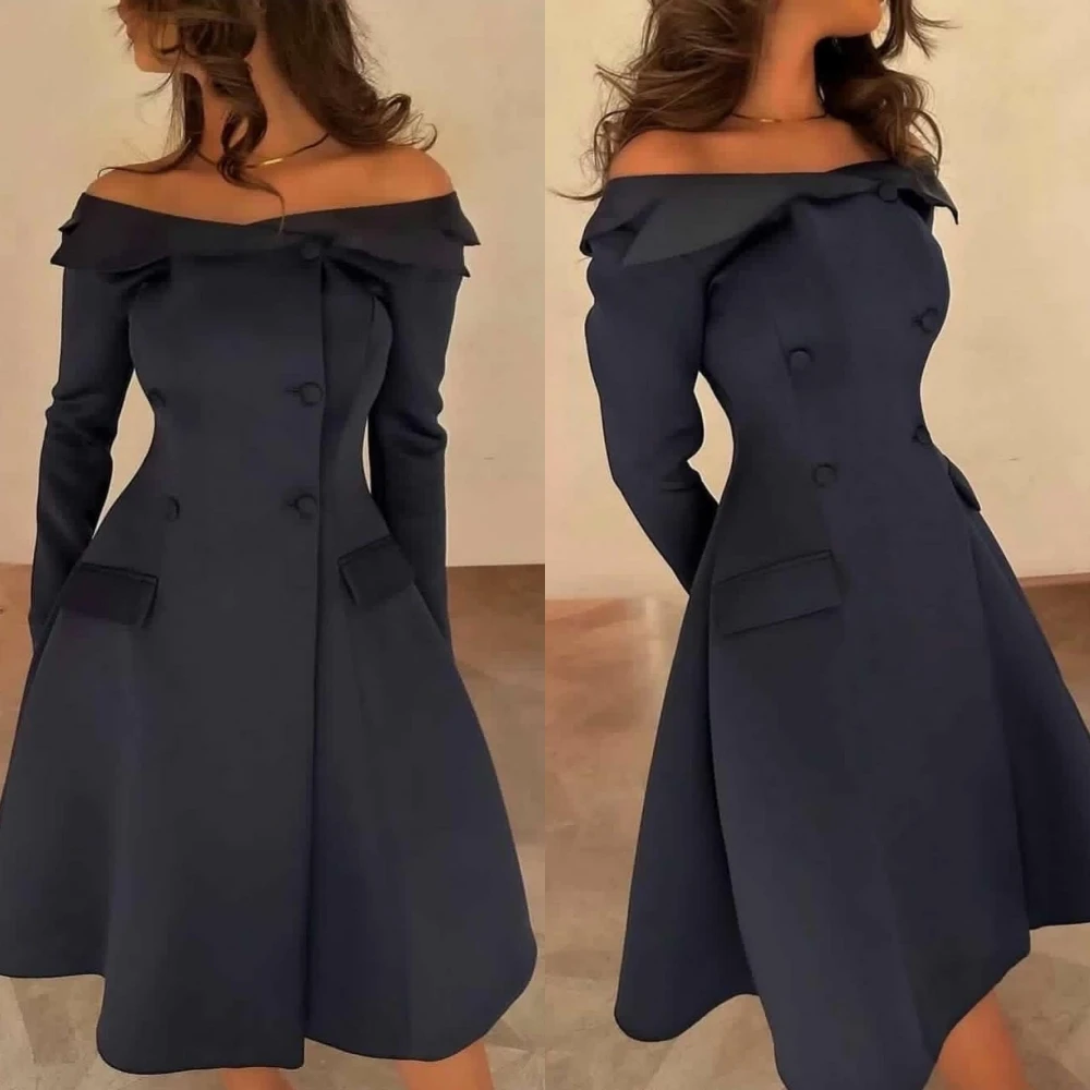 

Jiayigong Prom Satin Button Valentine's Day A-line Off-the-shoulder Bespoke Occasion Gown Knee Length Dresses