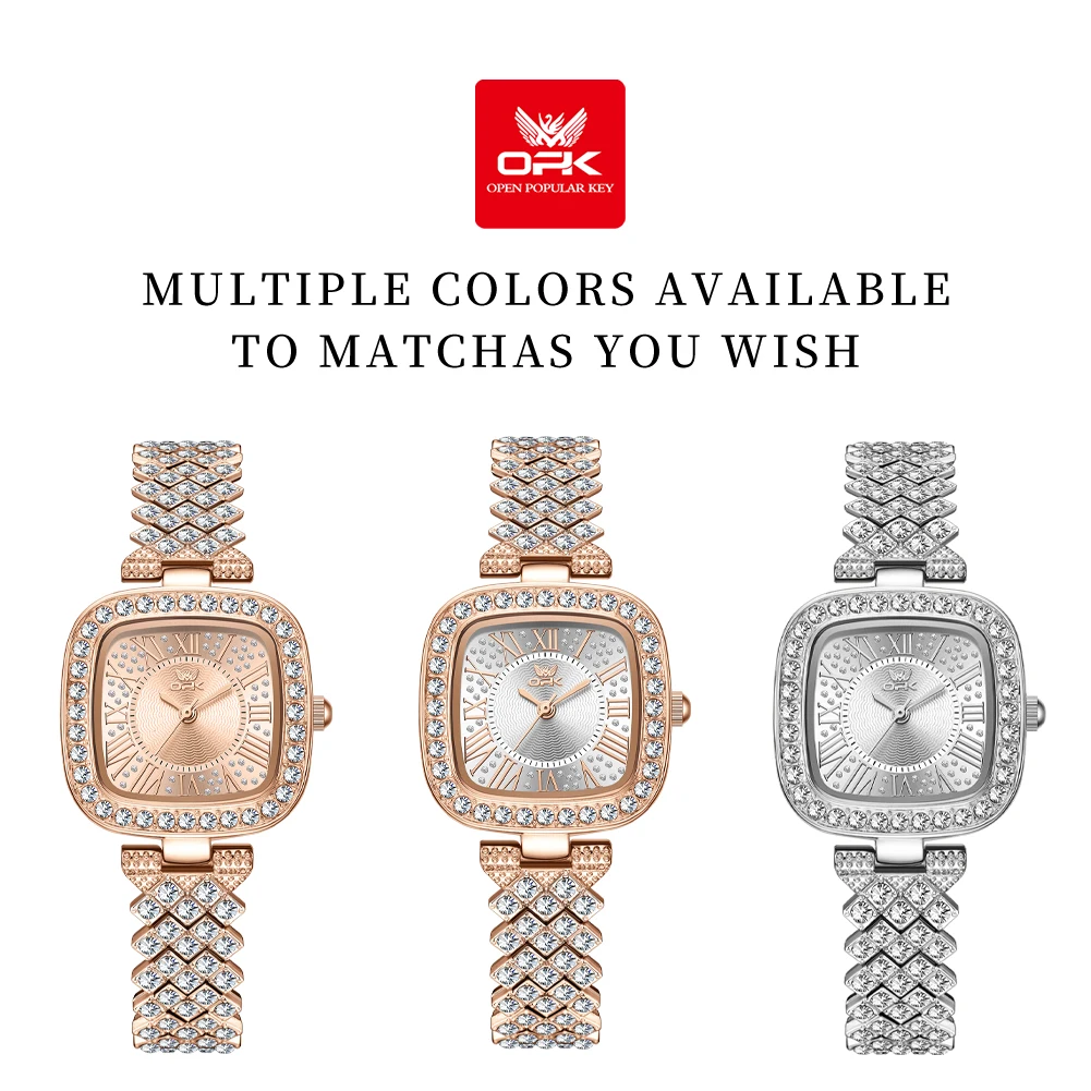 Zegarek damski kwarcowy OPK 6048 ze stalowym paskiem i kwadratową tarczą z otworami.