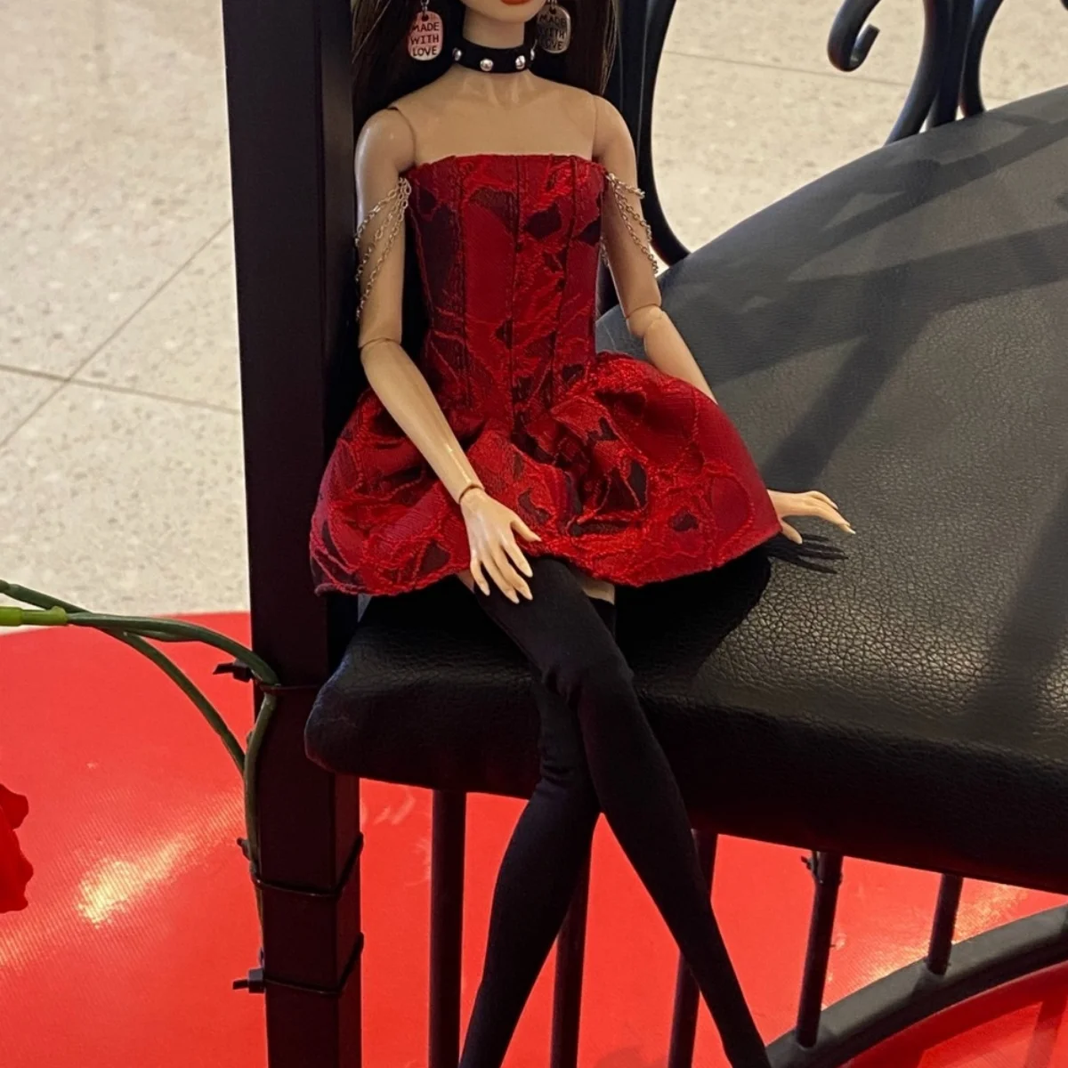 

【30days Made】Handmade 1/6 Red Retro Elegant Printed Strapless Dress Black Stockings Set Fit IT PP FR2 ST Supermodel Body