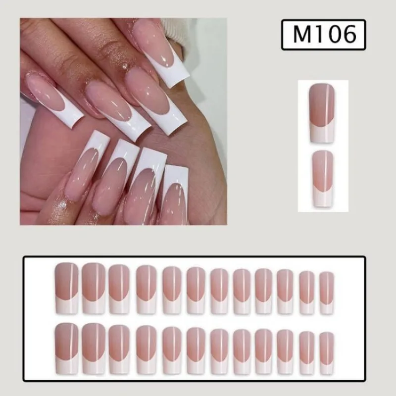 24pcs Long Square Glued Fake Nails Set Simple Self-adhesive Press on Nails Set White French Cheap Reusable Adhesive False Nails