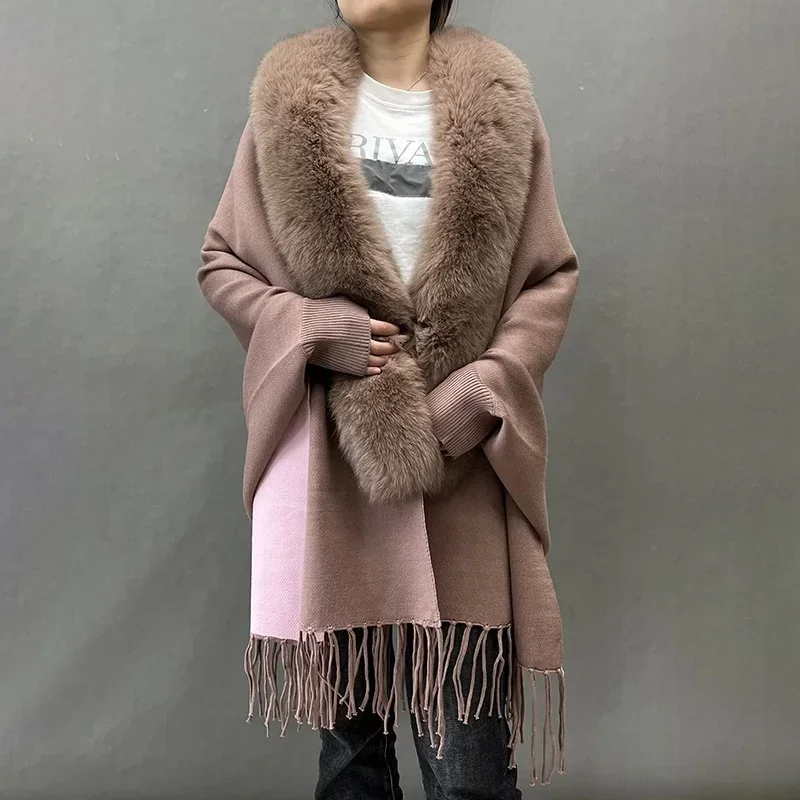 High Quality Luxury Fringe Knitted Poncho Shawl Cape Women with Fox Fur Collar