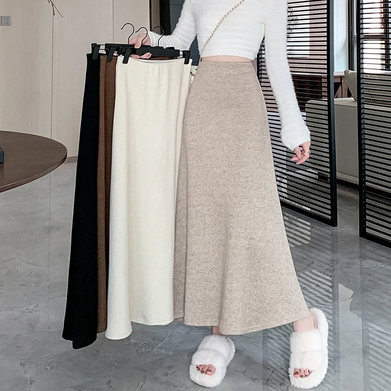 

Autumn Winter Vintage Woolen Women's A-line Skirts 2025 New High Waist Solid Korean Casual Loose Umbrella Long Skirt Female