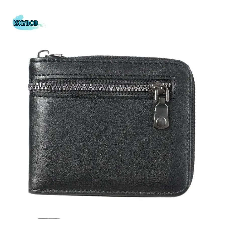 

Retro Thin Men's Short Wallet ID Card Holder PU Leather Fold Wallet Zipper Card Bag Business Purse Male