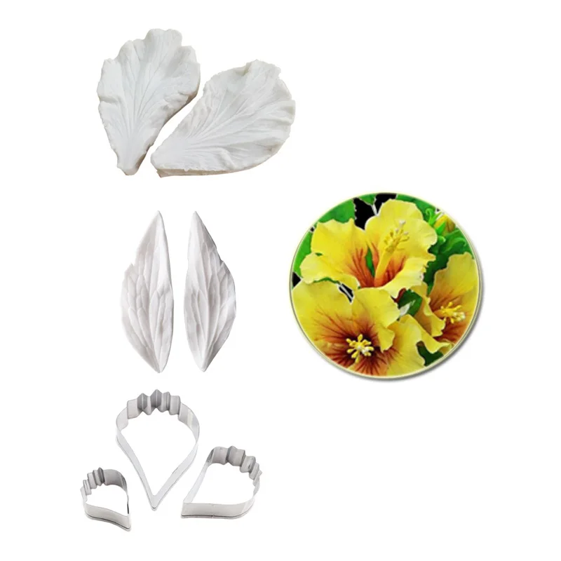 7pcs Hibiscus Veiner Silicone Mold & Flower Cutter Set Cake Decorating Fondant Impression Flower Mold Sugarcraft Cake Mold M290