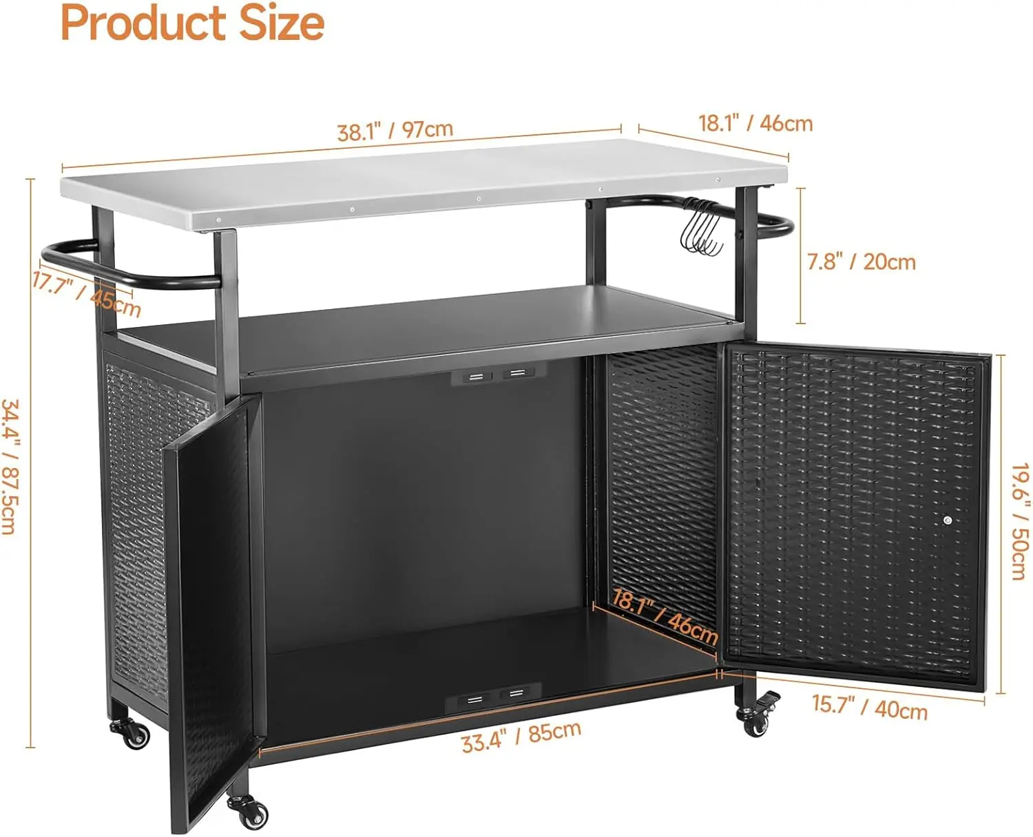 Cart with Storage, Outdoor Bar Cart with Wheels, Kitchen Island Cart with Stainless Steel Top for BBQ, Patio, Backyard