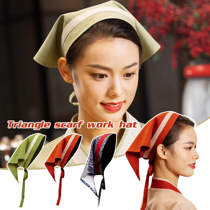 

Restaurant Waiter Triangle Headband Chef Hat Women Kitchen Portable Solid Color Flower Printed Hat Food Hygiene Work Hat