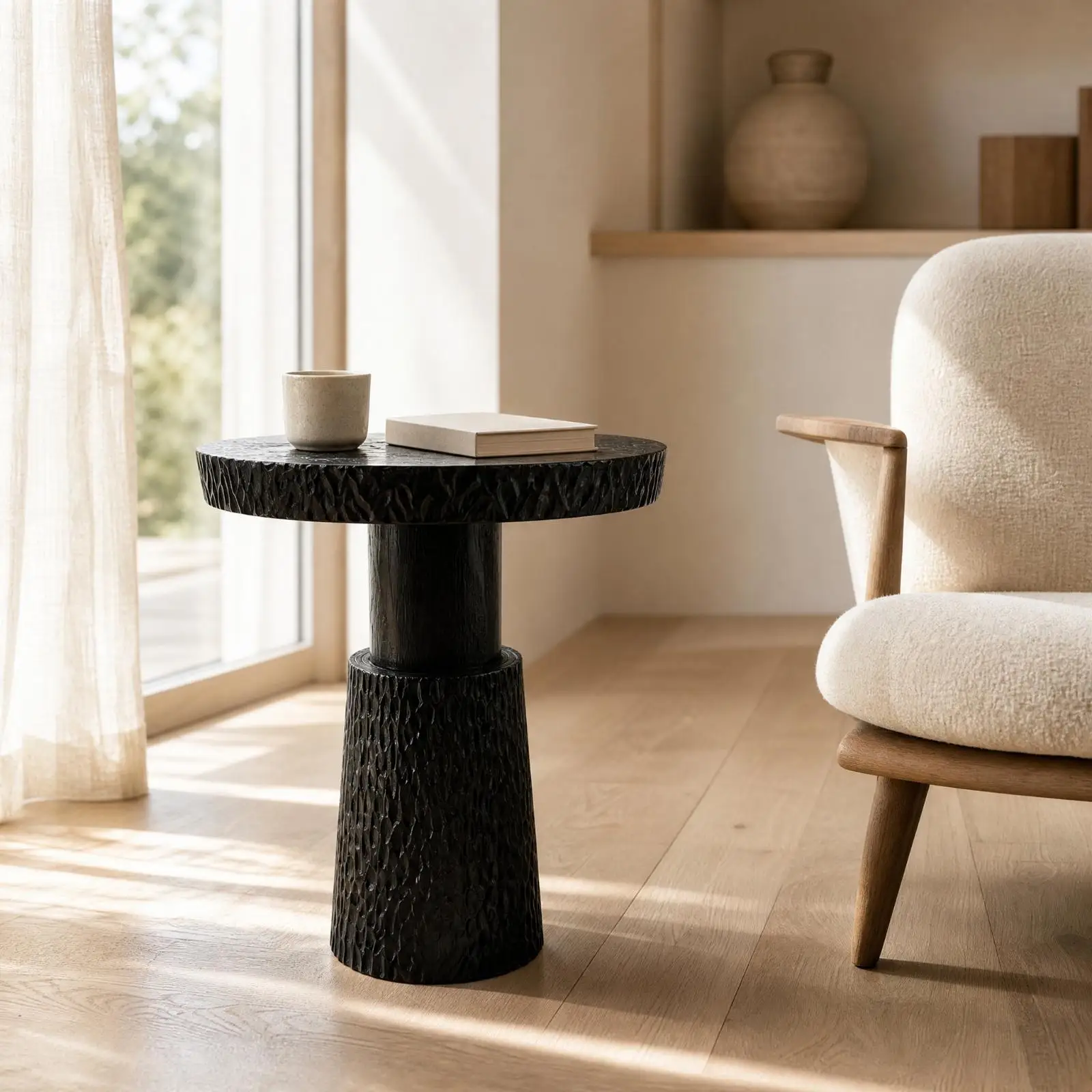 Handcrafted Solid Wood Round Table Black Pedestal Style for Lounge and Living Room