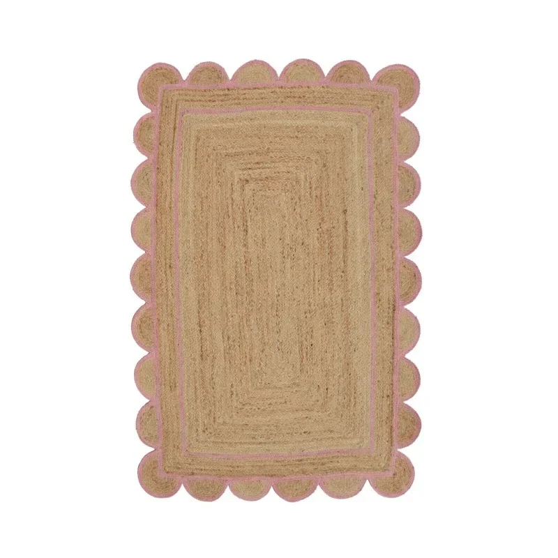 Rug 100% Natural Braided Scallop Jute Floor Carpet Pink Trim Home Decor Area Rug