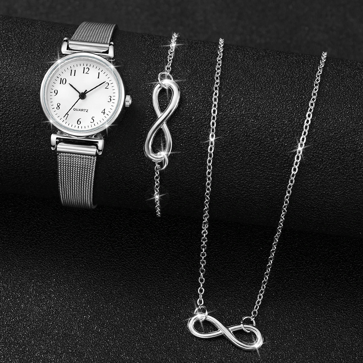 3PCS/Set Women\'s Watch Fashion Arabic Dial Quartz Watches Steel Mesh Band Analog Wristwatch Silver Jewelry Set（Without Box）