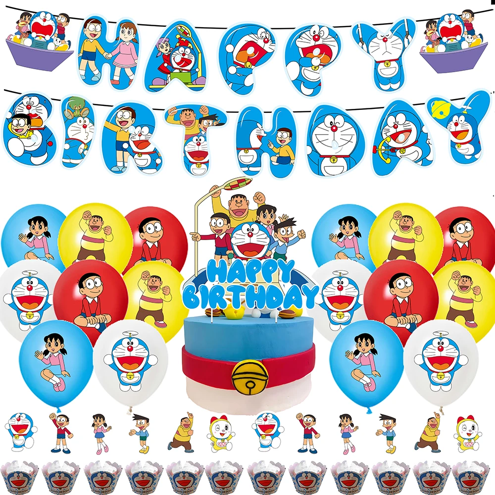 Cartoon Doraemon Style Birthday Party Supplies Set Banner Balloons Backdrop Tableware Kit for Blue Cat Themed Party Decorations