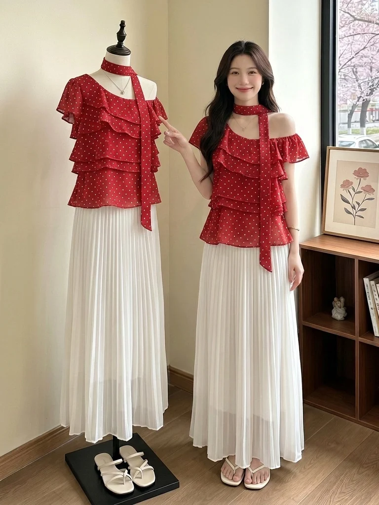 

plus Size Women's Red Polka Dot Shirt And Skirt Set Summer 2026 Fashionable Casual Outfit High Waist Long Skirt Included