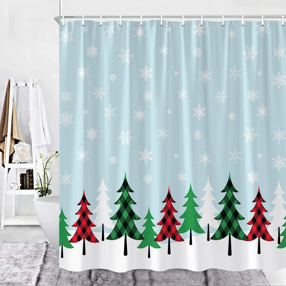 Christmas Shower Curtain Set Red Bathroom Curtains Buffalo Checker Xmas Tree Snowflake Snow New Year Decor Fabric Cloth Hooks