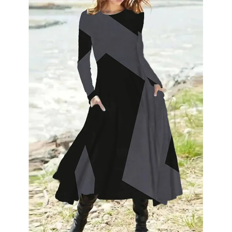 Retro Fashion Contrast Color Elegant Party Ladies Dresses Spring Autumn Casual Street Long Sleeve Loose Pockets Midi Dress Women