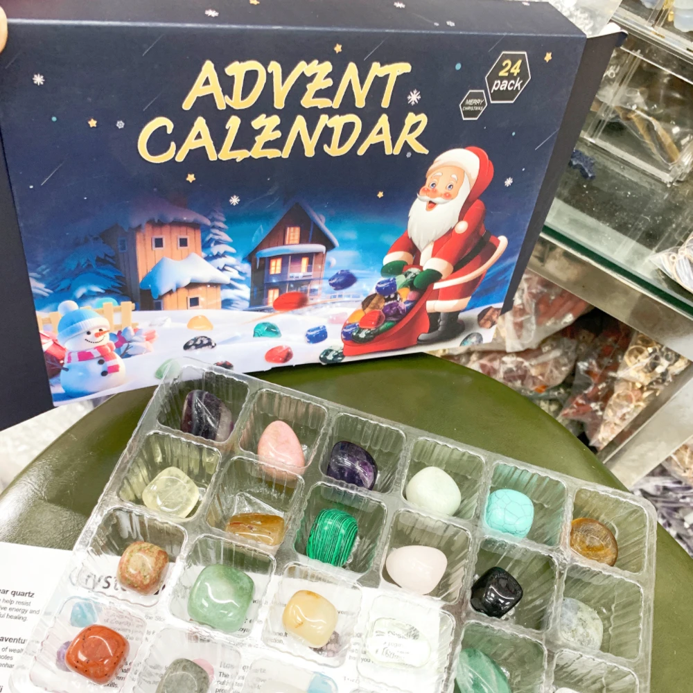 Natural Stone Raw Ore Christmas Blind Box 24 Pcs Set Crystal Children Day Gift Countdown Calendar Jade Agate Pebbles Specimen