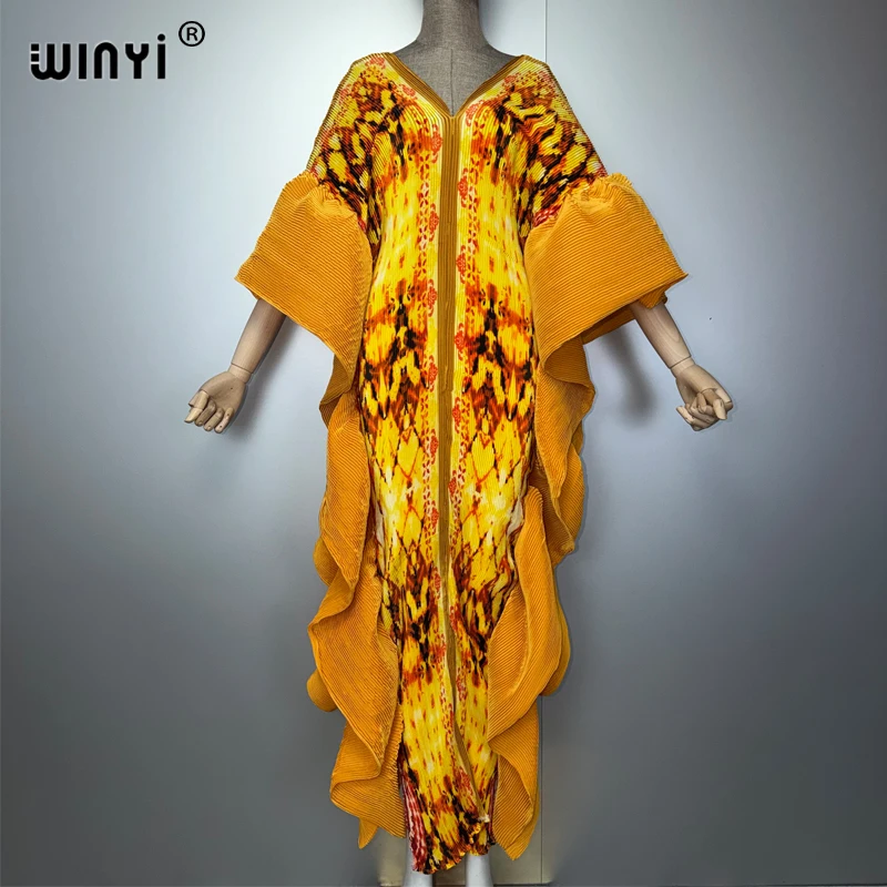 WINYI Pleated Elastic slim dress boho beach cover up holiday kaftan abaya dubai luxury party dress evening dress muslim woman