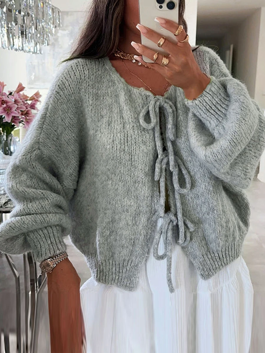 Fashion Knitted Bow Lace Up Cardigan Women Sweater Y2k Open Front Sweet Knitted Cardigan Lantern Sleeve Oversized Cardigan