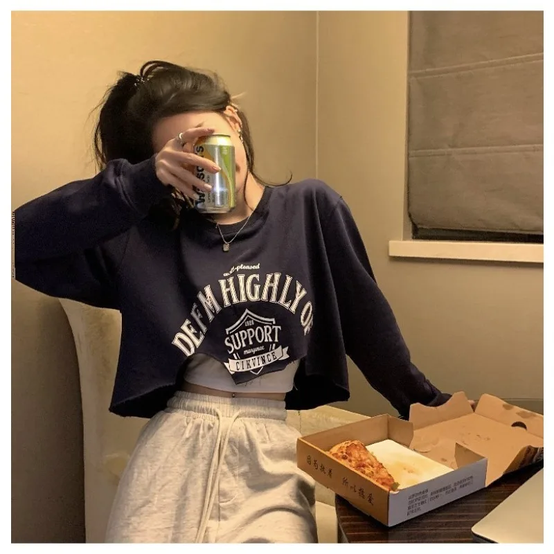 Women's Autumn Spring Top Sweatshirt Irregular Round Neck Print Outerwear Simple Comfortable Casual Design Fashion New Versatile