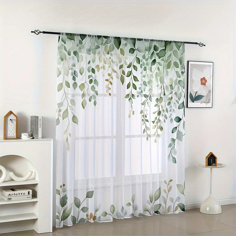 green leaf pattern sheer curtain for living room bedroom privacy and decor polyester fabric Elevate  Space Without curtain rod