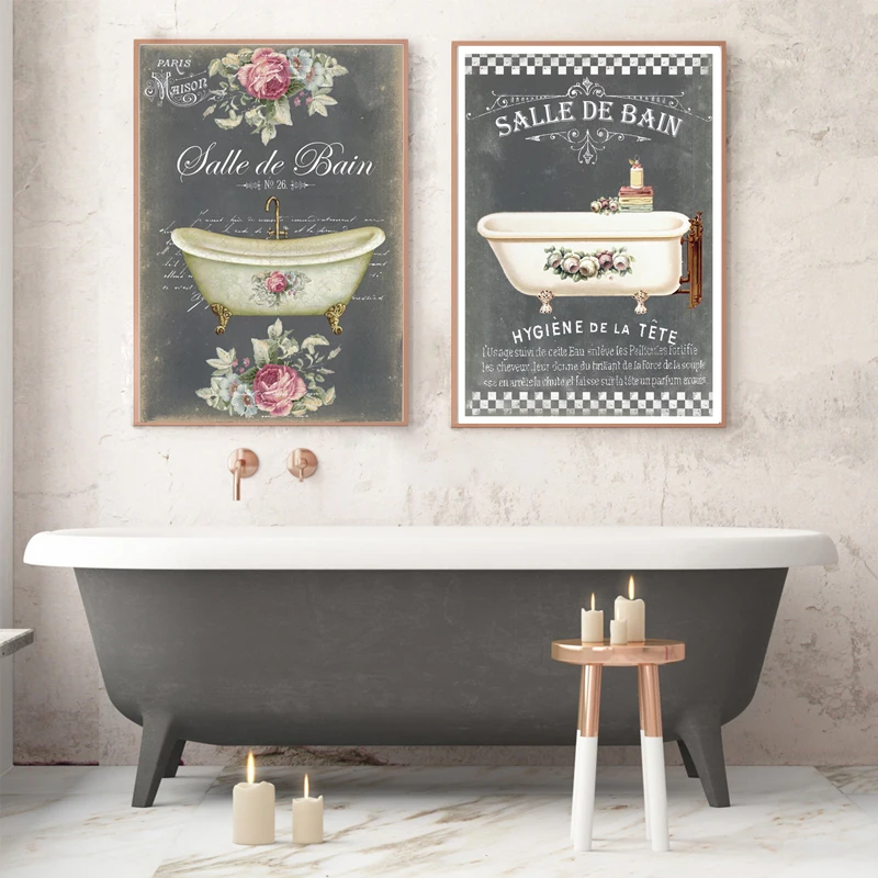 Vintage French Style Posters Bathroom Bathtub Canvas Painting Decoration Watercolor Floral Room Decor Wall Art Painting Pictu