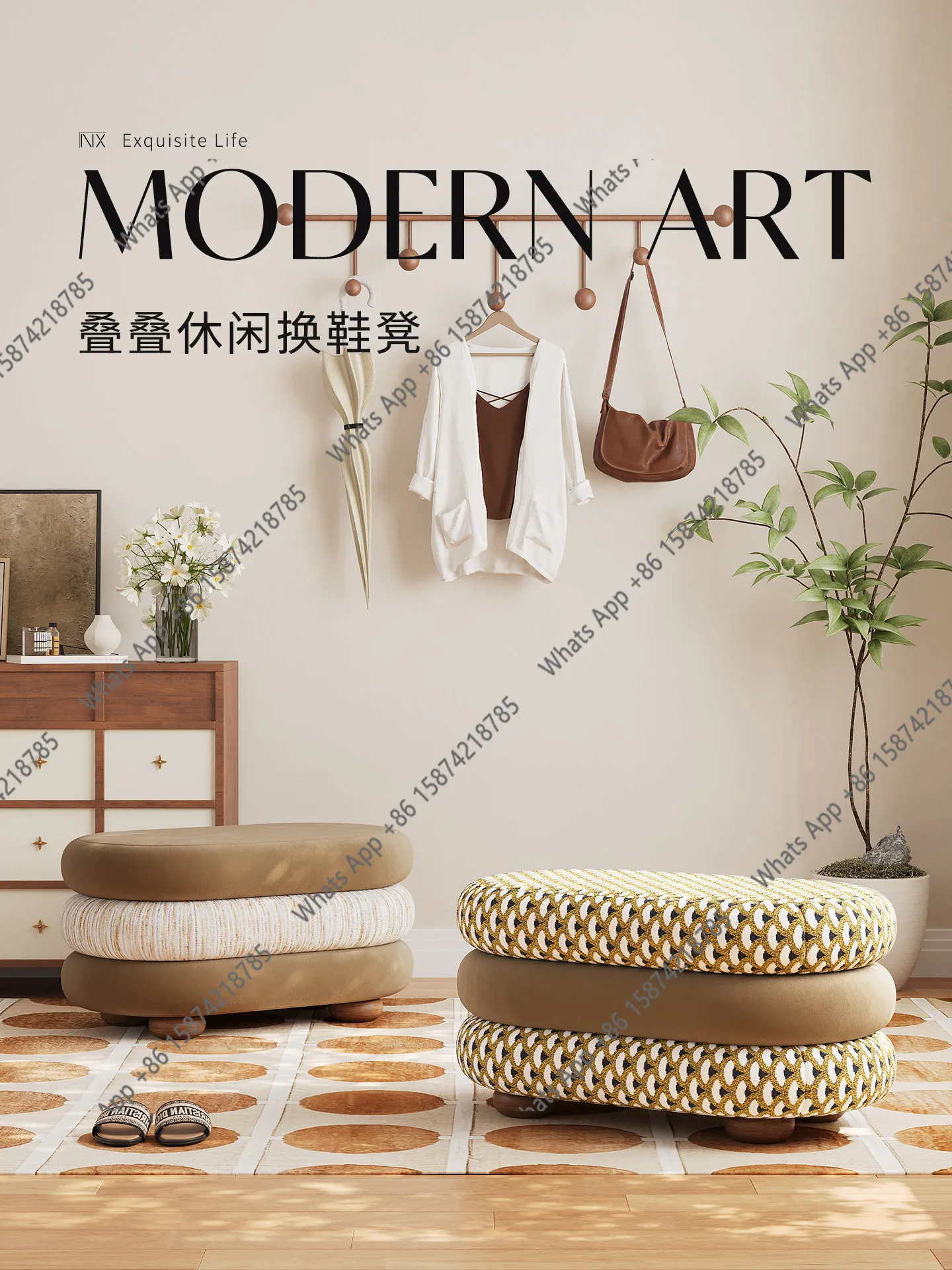 Mid-Century Style,  High-End, Multi-functional Portable Fabric Shoe Changing Stool, Home Doorway Upholstered Entrance Stool