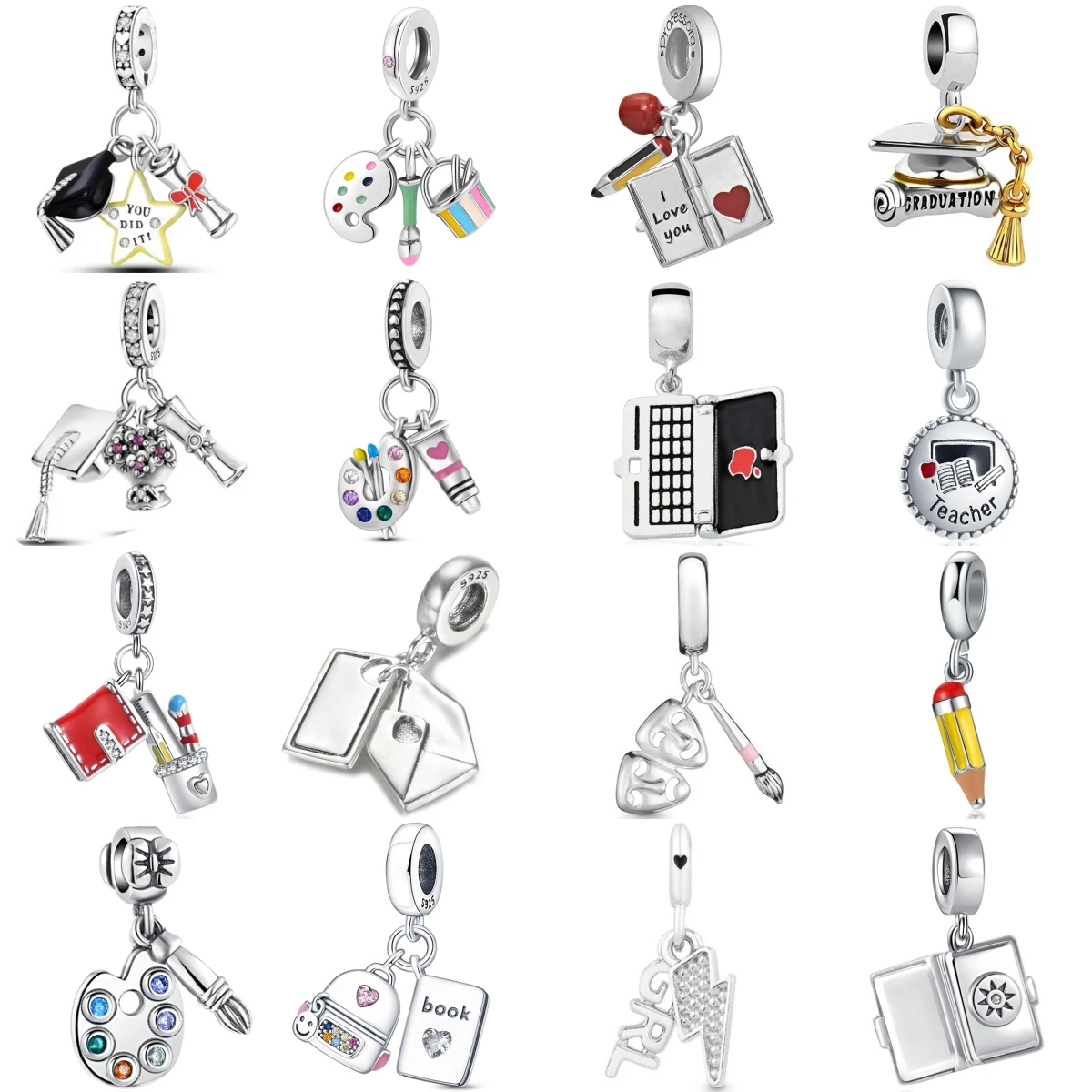 S925 Silver School Graduation Charms Book Pencil Palette Diploma Teacher Drama Mask Envelope Jewelry Gift