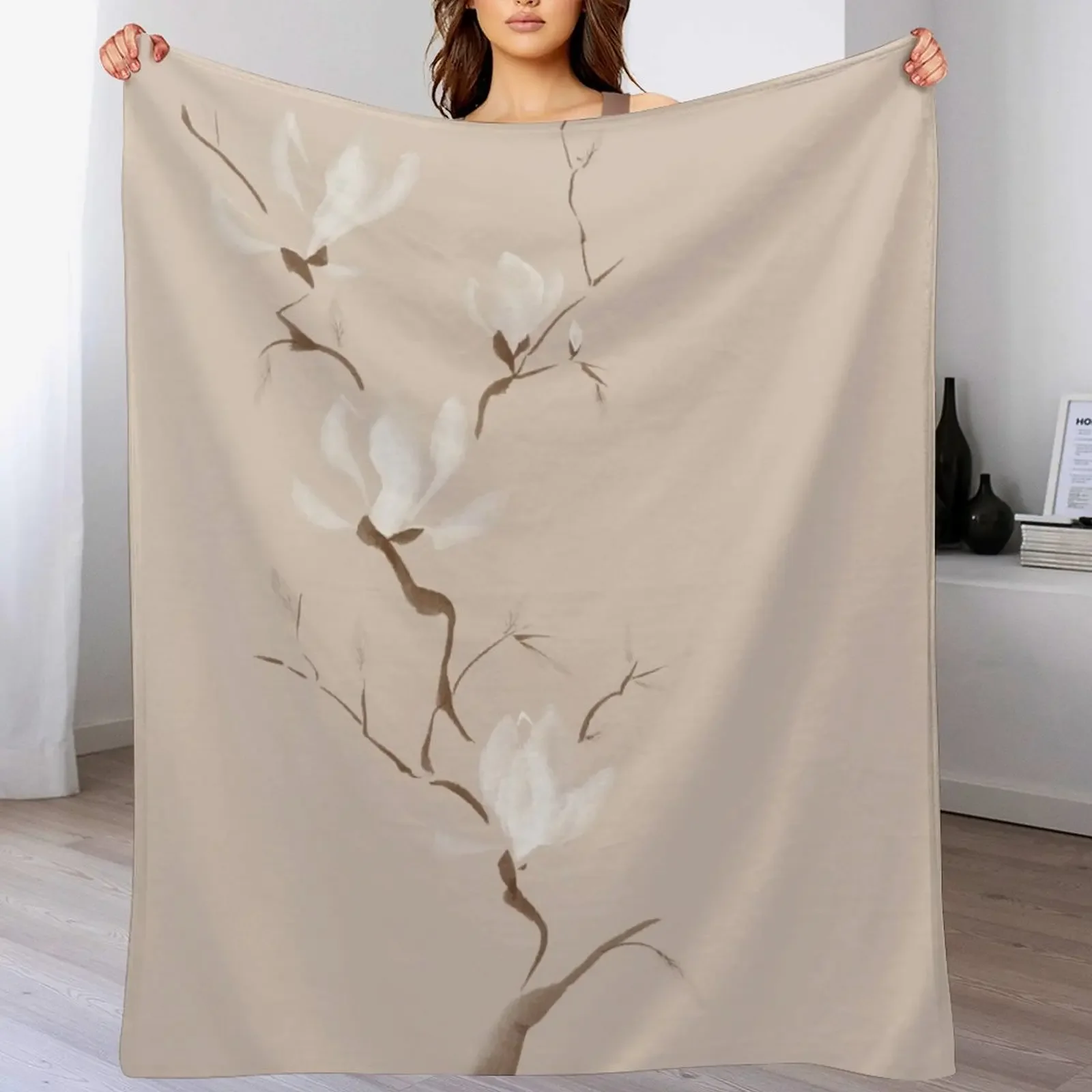 Branch of blooming magnolia flowers artistic Zen Sumi-e painting design on beige background art print Throw Blanket