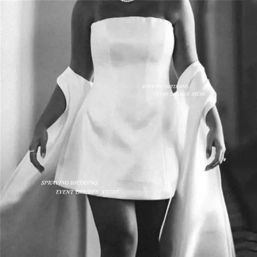 SPRAYING Simple Strapless White Wedding Dress Mini Short Bridal Gown A Line Sleeveless Wedding Robe 2025 Wedding Photos No Tails