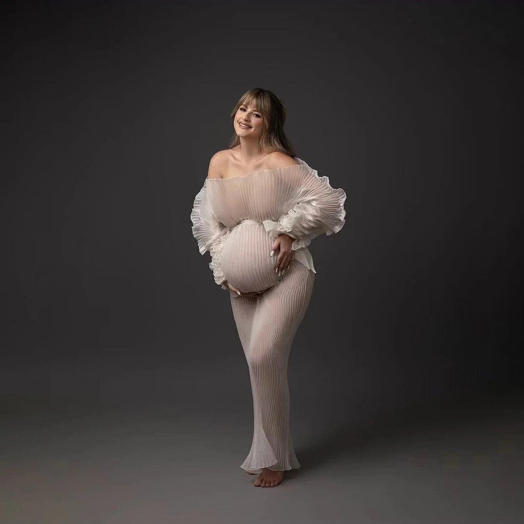 

Maternity Dresses Photoshoot Puffy Sleeves Off Shoulder Pleated Long Maternity Photography Dress Pregnant Women Maxi Gowns Sheer