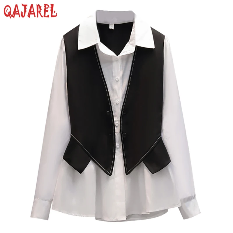 2024 White Patchwork Fake Two Piece Shirts Women Fashion Single Breasted Blouses Autumn Korean Long Sleeve Elegant Casual Shirts