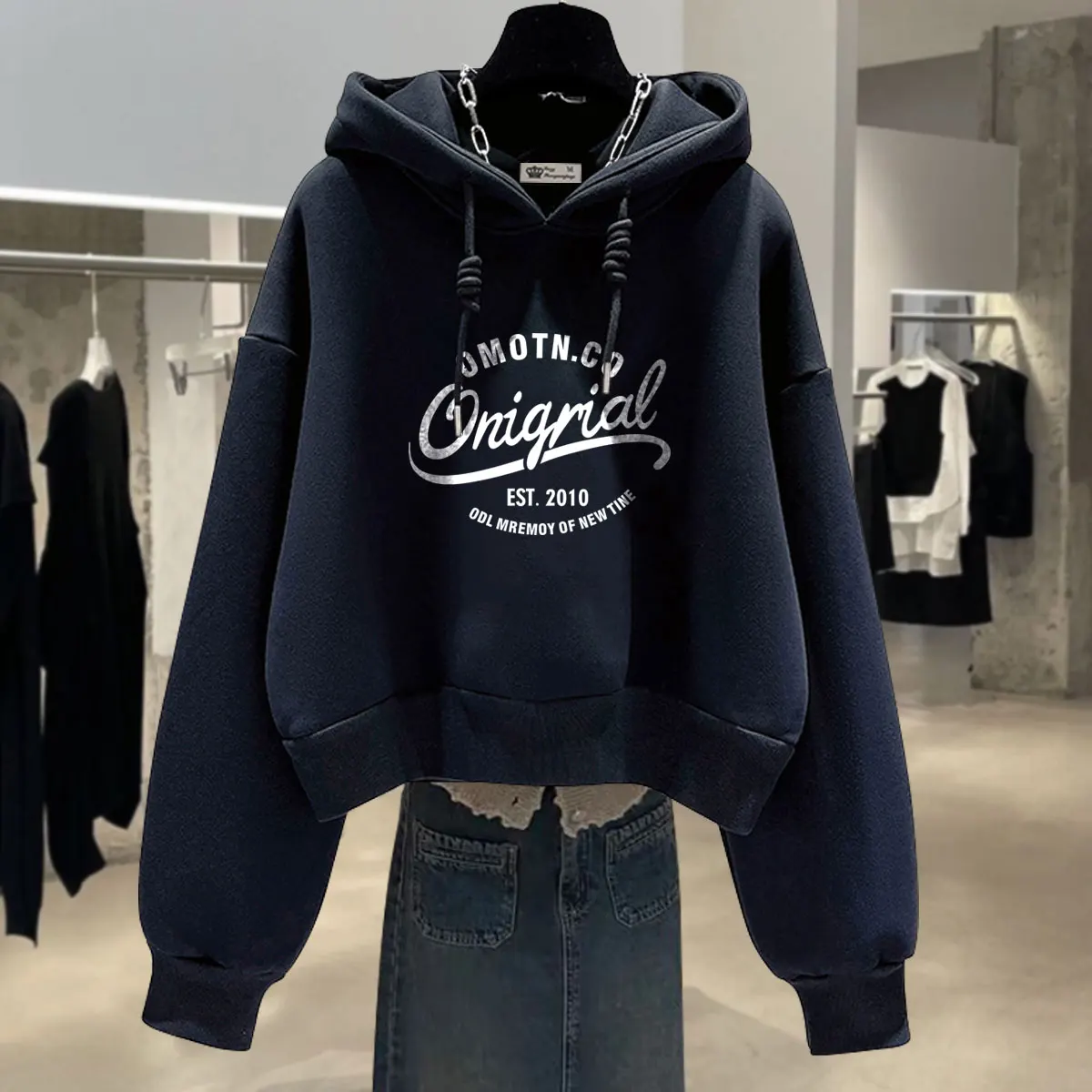 

Black Hooded Long Sleeve Sweatshirt Women's Casual Loose Slimming Outerwear Autumn Winter Korean Style Versatile Design