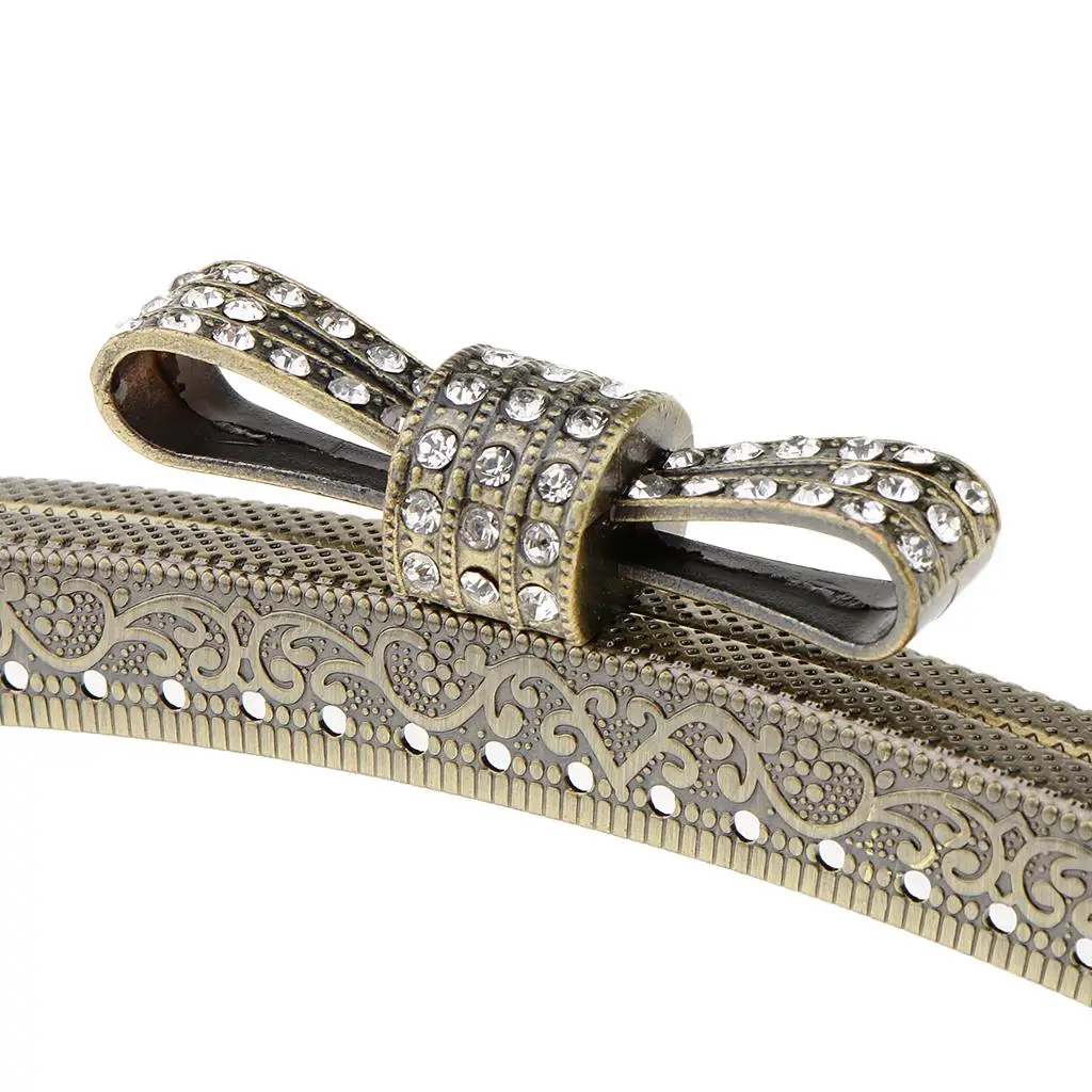 Vintage Embossed Purse Frame Iron Kiss Clasp Lock with Rhinestone Bowknot for DIY Change Purse Accessories