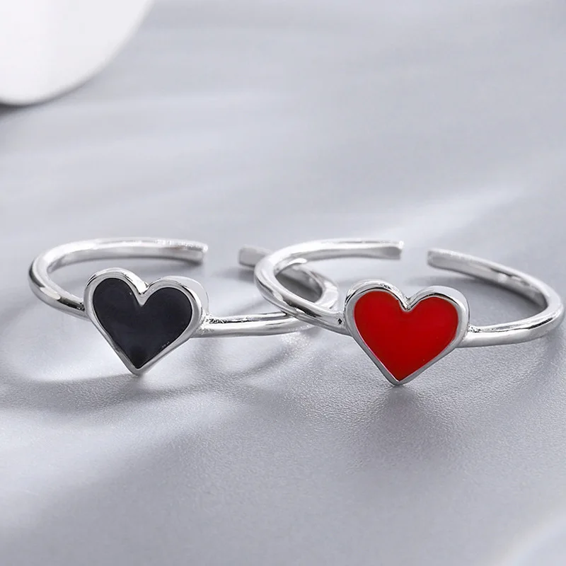 INS Hot Sale S925 Silver Enamel Heart Ring Korean Style Black Red Peach Heart Open Ring for Women