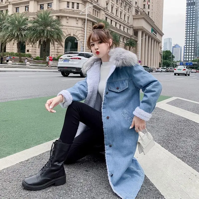 Autumn Winter Plus Velvet Denim Jacket Womens Casual Loose Jeans Coats With Fur Collar Female Long Thick Warm Cotton Parka Coat