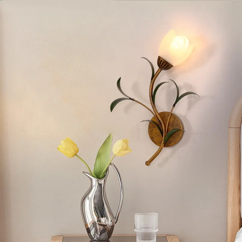Creative White Pink Flower Wall Light French Rural Bedside Living Room Homestay Art Pastoral Home
