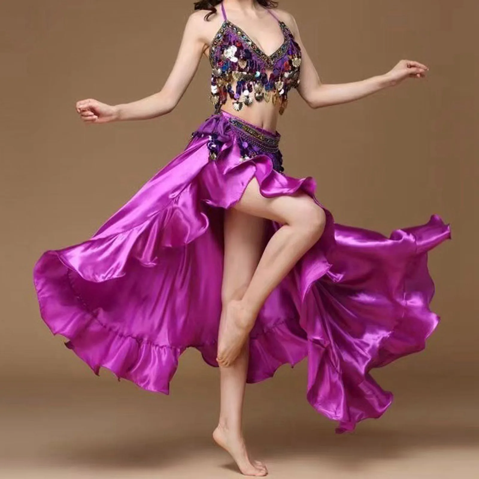 Women's Belly Dance Side Slit Outfit Indian Dance Bra And Skirt Set Elegant Performance Costume For Dance Practice And Shows