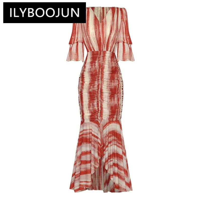 ILYBOOJUN Summer Fashion Designer High Quality Women Dress Vintage Sequins Trim Shirred Buttock Covering Fishtail Skirt Dresses