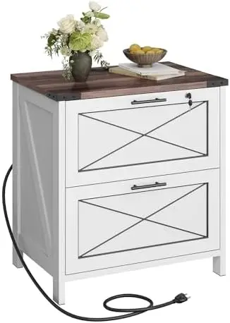 Lateral File Cabinet with Lock, 2 Drawers & Charging Station, Farmhouse Wood Printer Stand with Large Storage, Fits