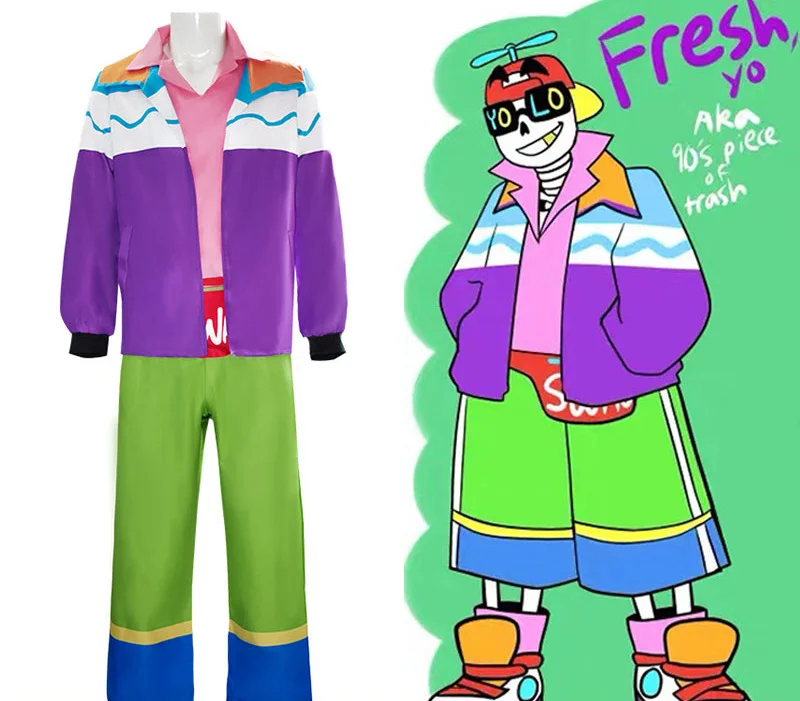 

Anime Game Undertale AU Fresh Sans Cosplay Costume Colour Hip Hop Style Coat Hat Uniform Set Man Woman Halloween Carnival Suit