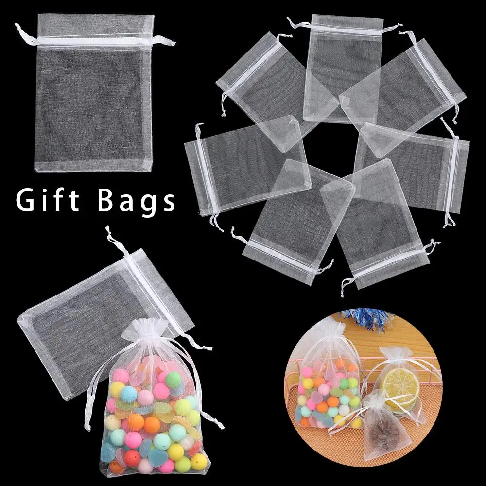 25/50PCS Wedding Party Supply Jewelry Packing Gift Bags Drawstring Pocket Jewelry Packing Organza Gauze Sachet White Pouches