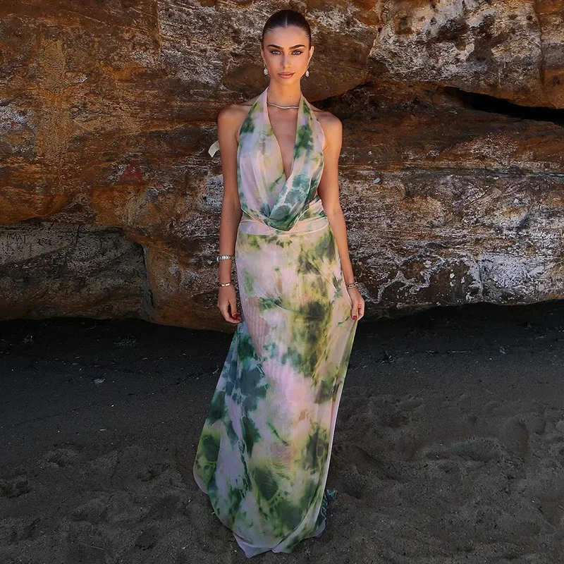 

Latest Spring Summer Women Fashion Watercolor Floral Print Deep V Neck Backless Halter Top Ruffled High Waist Long Skirt Set