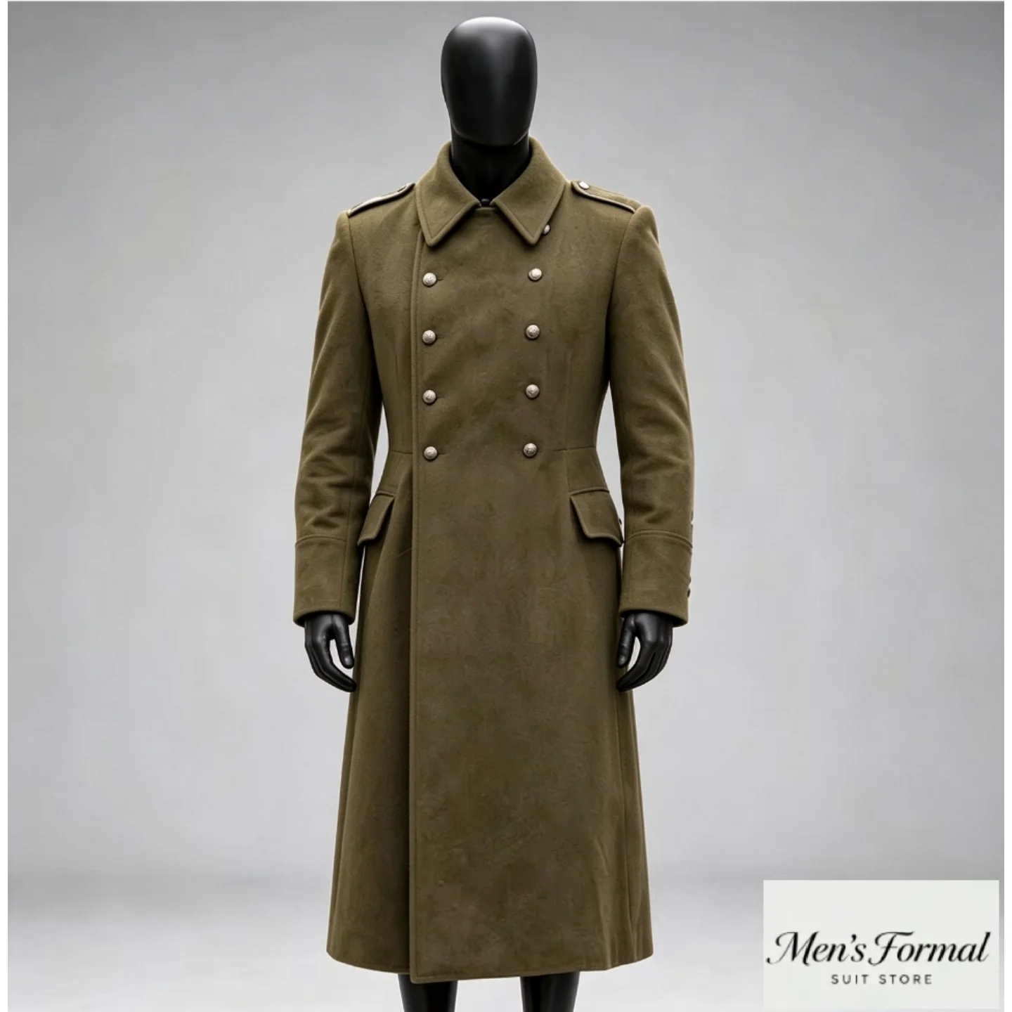 Vintage Olive Green Men's Wool Blend Coat Double Breasted Winter Warm Business Long Outerwear Gentleman Overcoat Customized