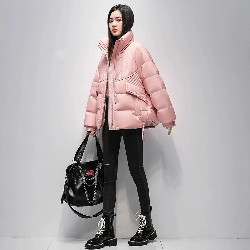 レディース ショート丈 ホワイト ダックダウンジャケット 2026年冬新作 韓国風 ルーズ スタンドカラー 厚手 ダウンコート レディース カジュアルトップス