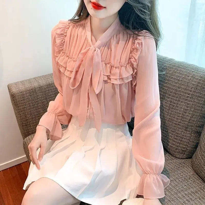 White Shirt Women\'s New Style Ribbon Chiffon Top Long Sleeved Butterfly Tie Tied French Style Small Shirt