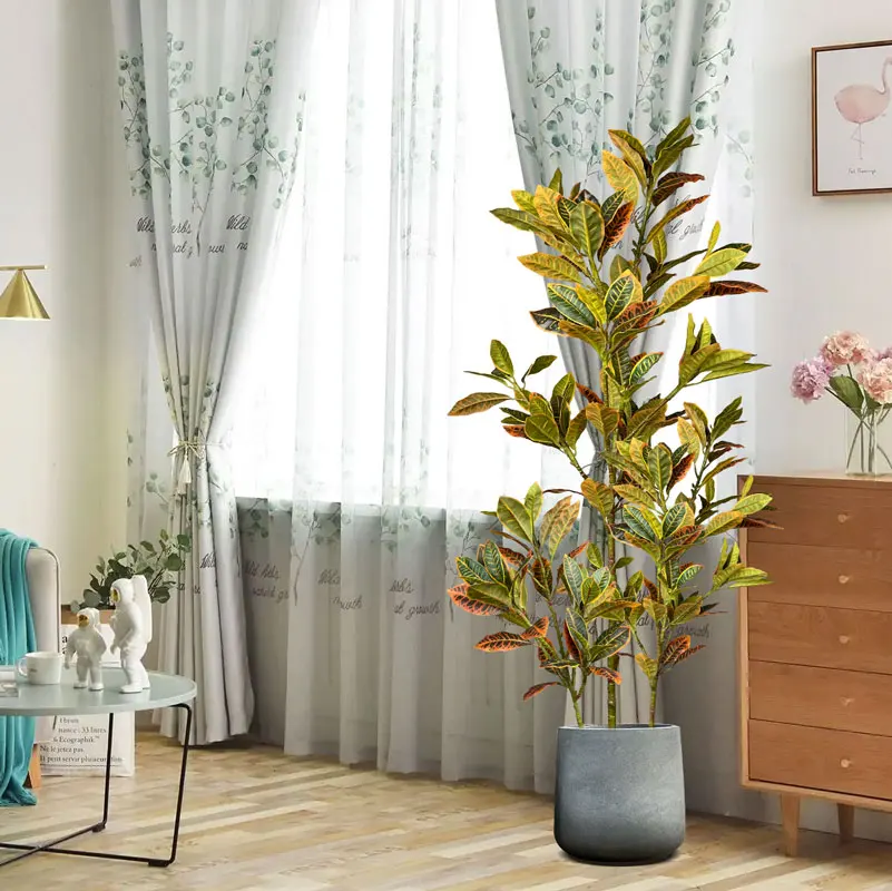120 cm großer gefälschter Ficus-Baum, künstliche tropische Gummipflanzen, Kunststoff-Codiaeum-Baumblätter, Herbstblätter für Zuhause, Garten, Dekoration – Detail 4
