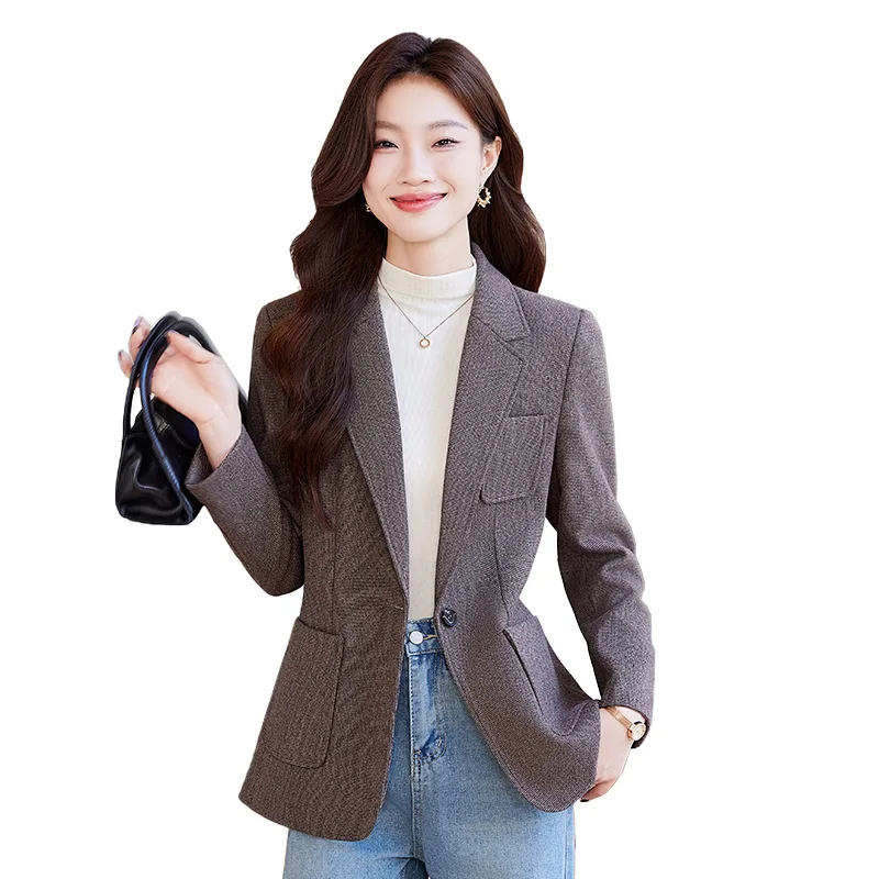 New Women Formal Blazer For Autumn Winter Ladies Long Sleeve Pocket Single Button Slim Jacket Coat Female Outerwear Casual Tops