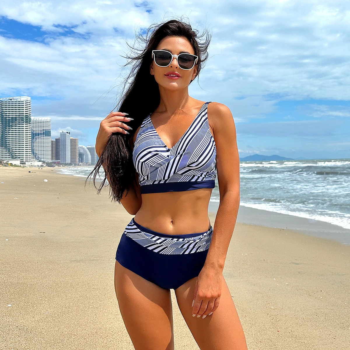 여성용 투피스 비키니 수영복 세트, 크로스 패턴의 스트라이프 디자인.