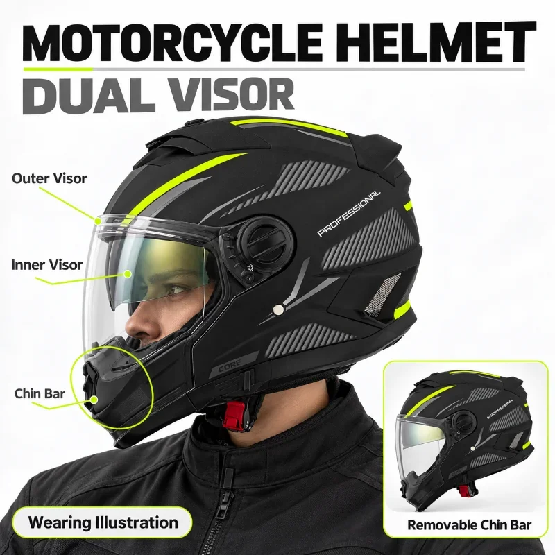 Motorcycle Helmet with Dual Visor and Removable Chin Bar 3 Quarter Design Motorbike Riding Headgear for Men and Women